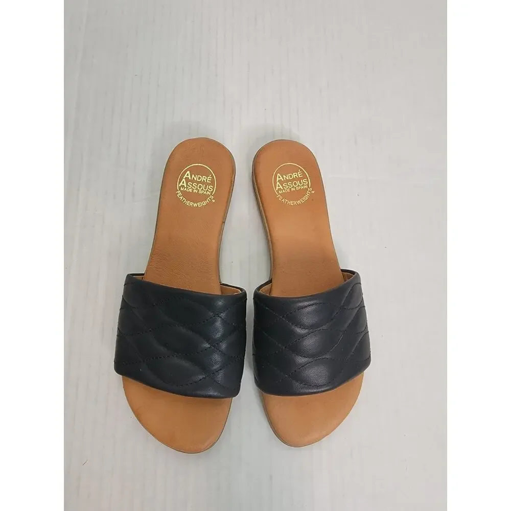 Andre Assous Sandals Womens Sz 9 Slip On Slide Black Tan Euro Summer Spain Made